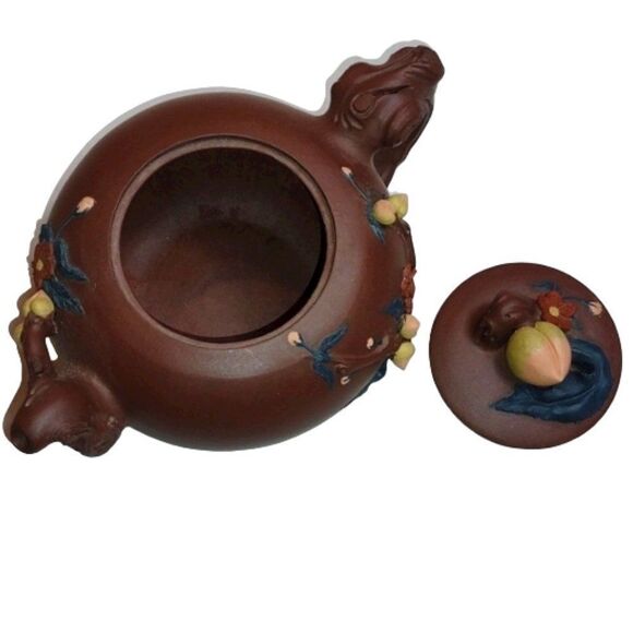 Yixing Chinese Stoneware  Purple Clay Longevity Peach Teapot Dark Brown‎ - Picture 3 of 10